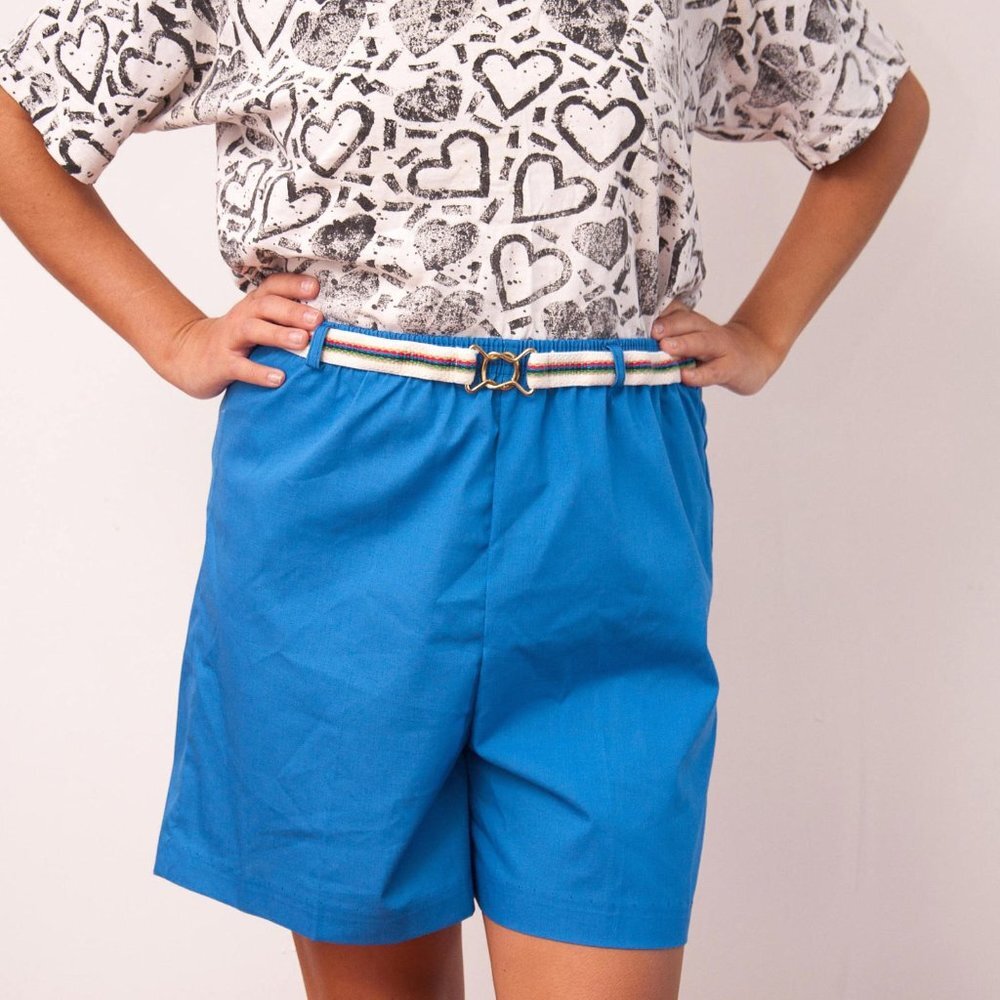 Vintage Blue Shorts with Rainbow Belt, Size 16 by Take 1, Made in USA